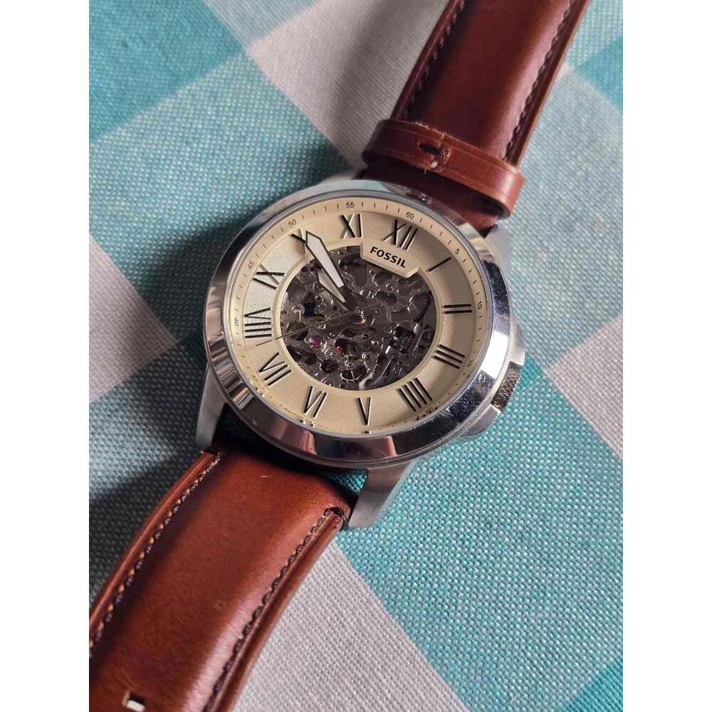 Fossil Grant Automatic Men's Watch Beige Skeleton Dial Leather ME3099